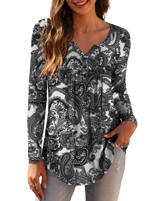 Womens plus Size Long Sleeve Tops Tunic Tops Casual Floral Henley Shirts M-4X